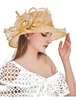 Z&X Organza Church Fascinator Wedding Tea Party Derby Hats for Women Flower Wide Brim Sun Hat