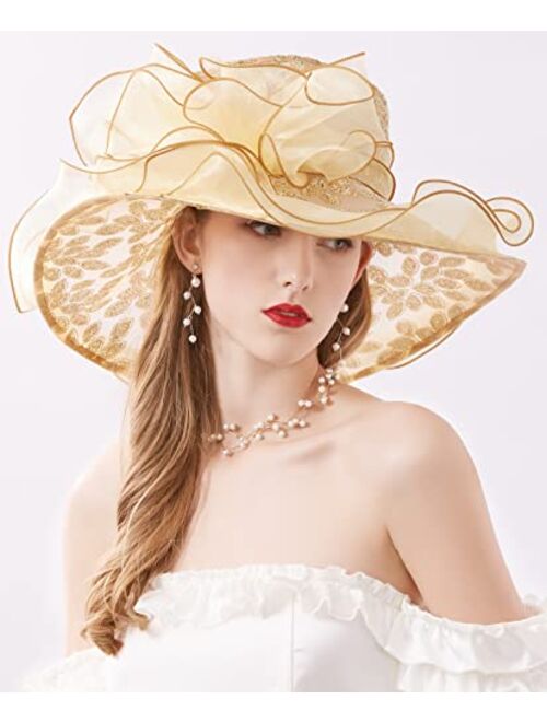 Z&X Organza Church Fascinator Wedding Tea Party Derby Hats for Women Flower Wide Brim Sun Hat