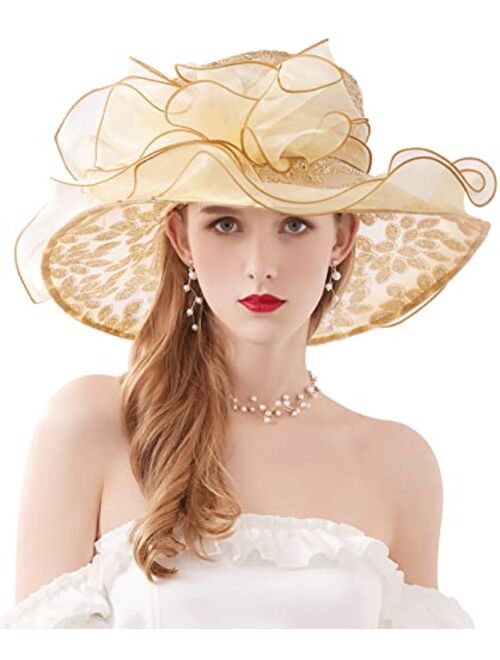 Z&X Organza Church Fascinator Wedding Tea Party Derby Hats for Women Flower Wide Brim Sun Hat