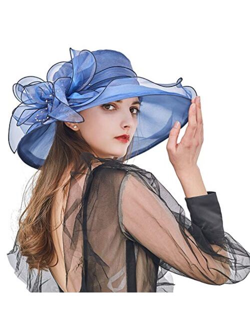 Z&X Organza Church Fascinator Wedding Tea Party Derby Hats for Women Flower Wide Brim Sun Hat