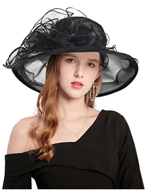 Z&X Organza Church Fascinator Wedding Tea Party Derby Hats for Women Flower Wide Brim Sun Hat