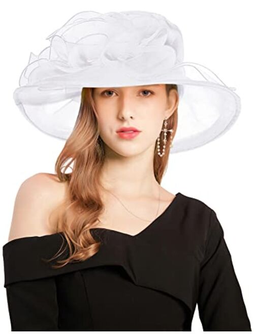 Z&X Organza Church Fascinator Wedding Tea Party Derby Hats for Women Flower Wide Brim Sun Hat