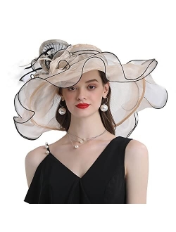 Women Oganza Sun Hat Church Wide Brim Wedding Formal Fascinator Hat