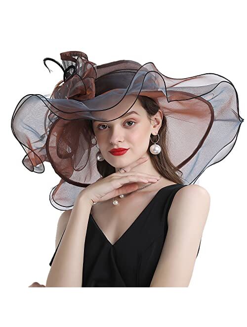 F FADVES Women Oganza Sun Hat Church Wide Brim Wedding Formal Fascinator Hat