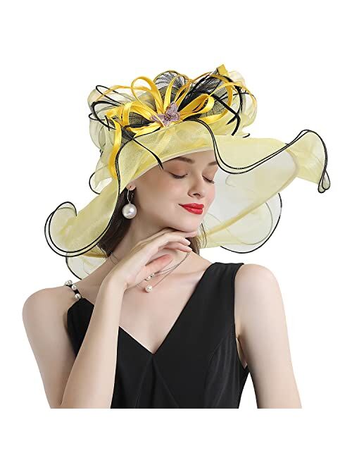 F FADVES Women Oganza Sun Hat Church Wide Brim Wedding Formal Fascinator Hat