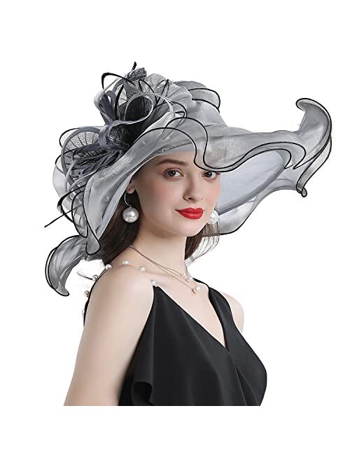 F FADVES Women Oganza Sun Hat Church Wide Brim Wedding Formal Fascinator Hat