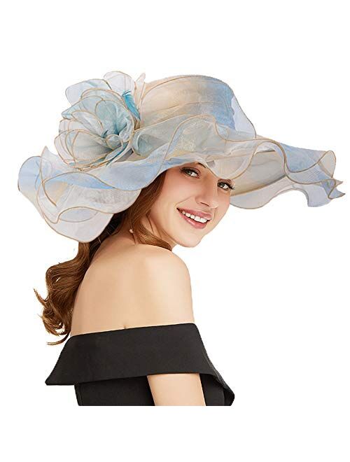 F FADVES Women Oganza Sun Hat Church Wide Brim Wedding Formal Fascinator Hat