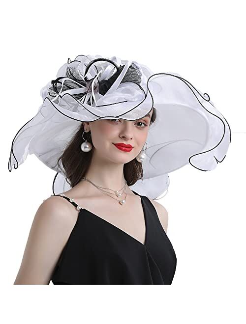 F FADVES Women Oganza Sun Hat Church Wide Brim Wedding Formal Fascinator Hat