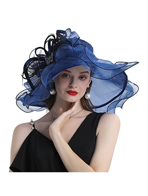 F FADVES Women Oganza Sun Hat Church Wide Brim Wedding Formal Fascinator Hat