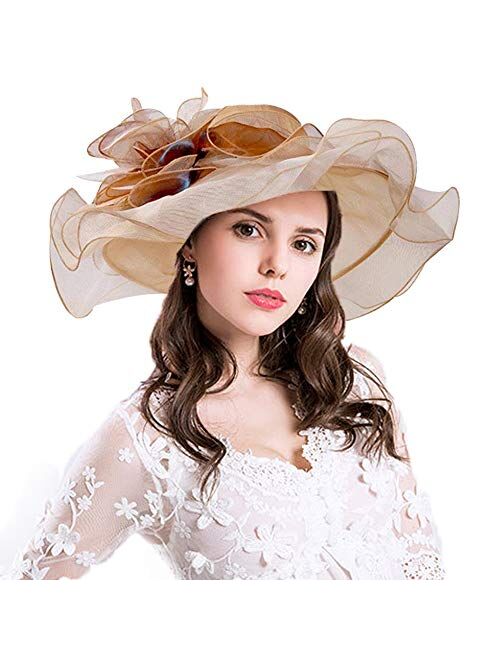 F FADVES Women Oganza Sun Hat Church Wide Brim Wedding Formal Fascinator Hat