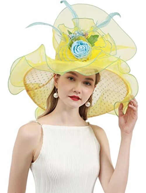 RZTA Women's Kentucky Derby Church Dress Hat Wide Brim Leaf Flower Bridal Shower Hat