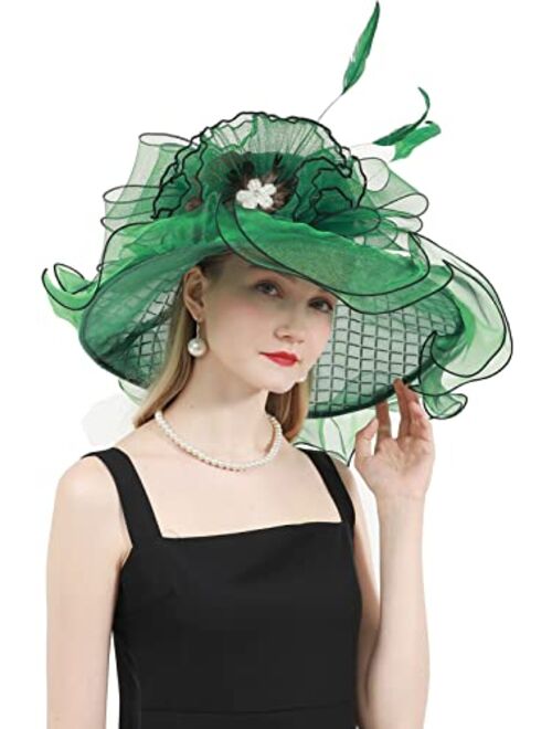 RZTA Women's Kentucky Derby Church Dress Hat Wide Brim Leaf Flower Bridal Shower Hat