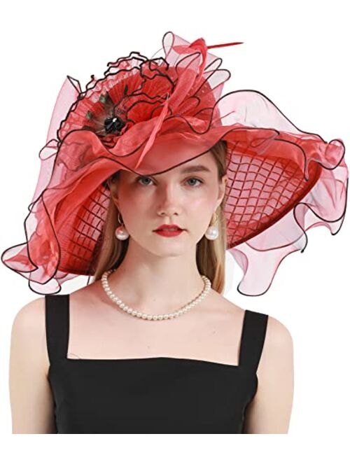 RZTA Women's Kentucky Derby Church Dress Hat Wide Brim Leaf Flower Bridal Shower Hat