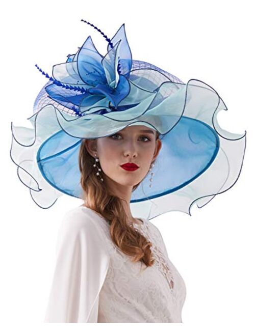 RZTA Women's Kentucky Derby Church Dress Hat Wide Brim Leaf Flower Bridal Shower Hat