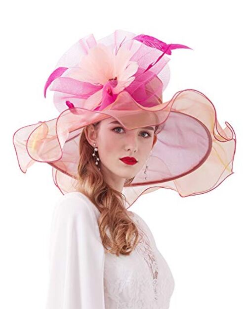 RZTA Women's Kentucky Derby Church Dress Hat Wide Brim Leaf Flower Bridal Shower Hat