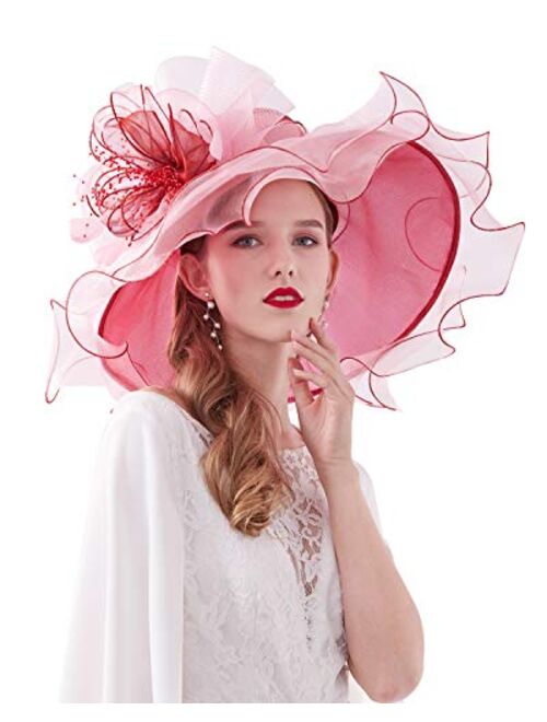 RZTA Women's Kentucky Derby Church Dress Hat Wide Brim Leaf Flower Bridal Shower Hat