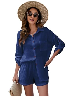 Kissonic 2 Piece Outfits for Women, Lounge Sets Pajama Sets Long Sleeve Button Down Oversized Shirts and Shorts with Pockets