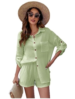 Kissonic 2 Piece Outfits for Women, Lounge Sets Pajama Sets Long Sleeve Button Down Oversized Shirts and Shorts with Pockets