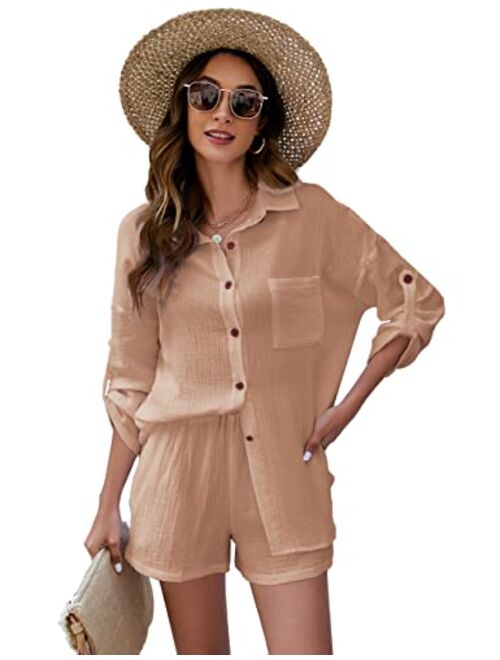 Kissonic 2 Piece Outfits for Women, Lounge Sets Pajama Sets Long Sleeve Button Down Oversized Shirts and Shorts with Pockets