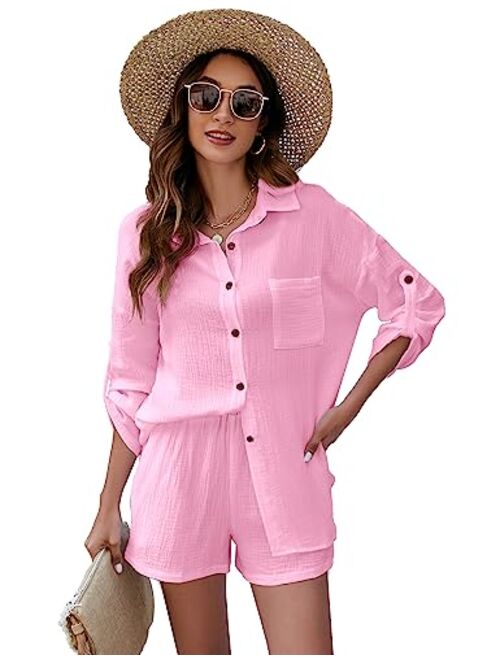 Kissonic 2 Piece Outfits for Women, Lounge Sets Pajama Sets Long Sleeve Button Down Oversized Shirts and Shorts with Pockets