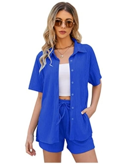 Flygo Womens 2 Piece Casual Outfits Summer Pleated Short Sleeve Top and Set Button Down Shirt Y2K