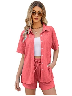 Flygo Womens 2 Piece Casual Outfits Summer Pleated Short Sleeve Top and Set Button Down Shirt Y2K