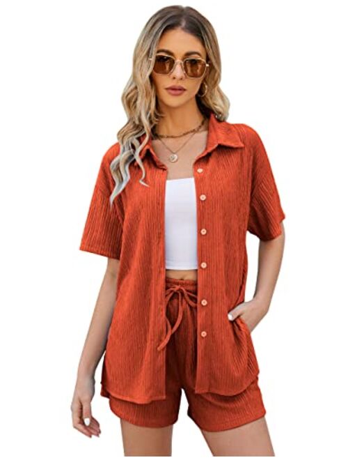 Flygo Womens 2 Piece Casual Outfits Summer Pleated Short Sleeve Top and Set Button Down Shirt Y2K