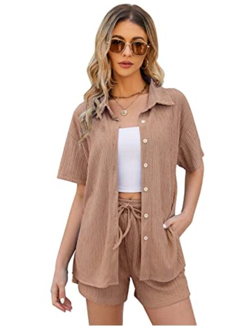 Flygo Womens 2 Piece Casual Outfits Summer Pleated Short Sleeve Top and Set Button Down Shirt Y2K