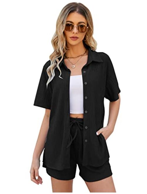 Flygo Womens 2 Piece Casual Outfits Summer Pleated Short Sleeve Top and Set Button Down Shirt Y2K