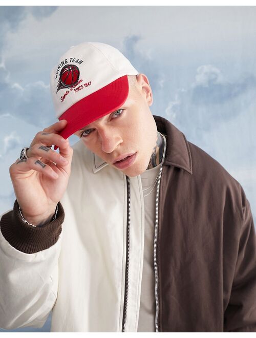 ASOS DESIGN soft baseball cap with basketball embroidery in red and ecru