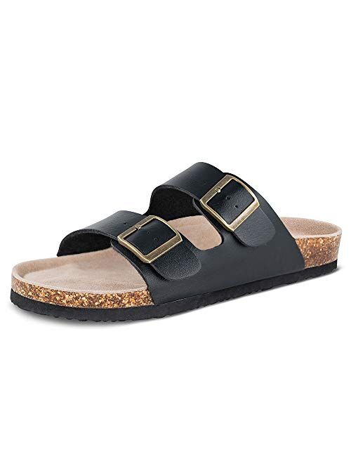 TF STAR Men's Slip On Flat Casual Cork Sandals with 2-Strap Buckle,Leather Cork Slide Arizona Sandals for Men