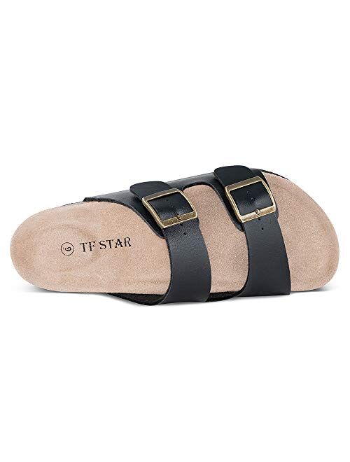 TF STAR Men's Slip On Flat Casual Cork Sandals with 2-Strap Buckle,Leather Cork Slide Arizona Sandals for Men