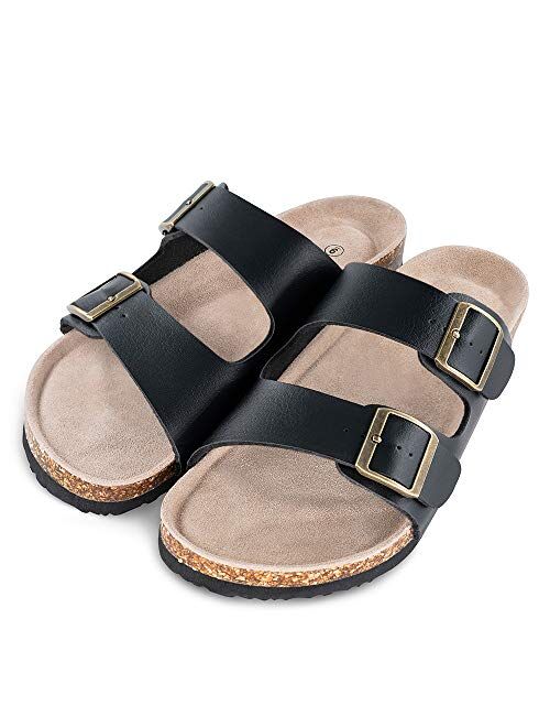 TF STAR Men's Slip On Flat Casual Cork Sandals with 2-Strap Buckle,Leather Cork Slide Arizona Sandals for Men