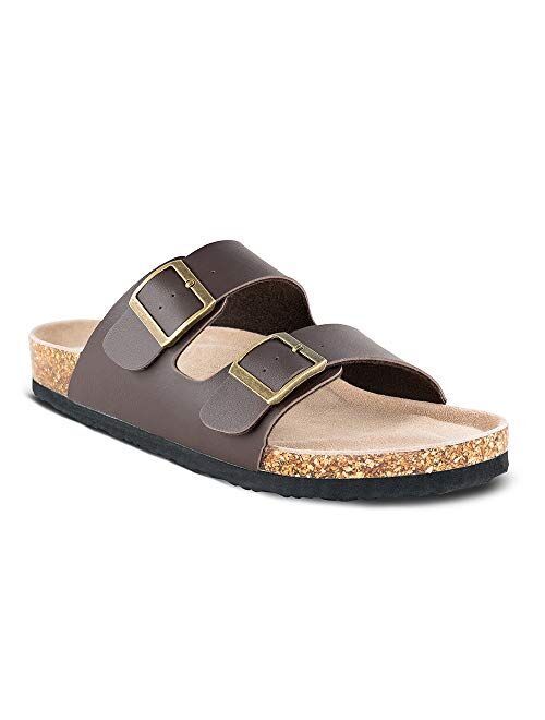 TF STAR Men's Slip On Flat Casual Cork Sandals with 2-Strap Buckle,Leather Cork Slide Arizona Sandals for Men