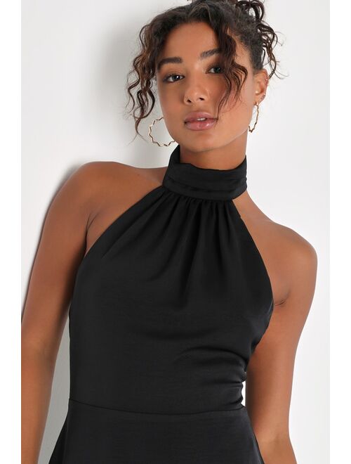 Lulus Give 'Em Glam Black Satin Sleeveless Halter Homecoming Mini Dress