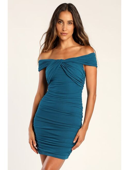 Lulus Alluring Nights Teal Blue Ruched Off-the-Shoulder Homecoming Bodycon Dress