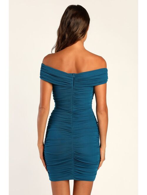 Lulus Alluring Nights Teal Blue Ruched Off-the-Shoulder Homecoming Bodycon Dress