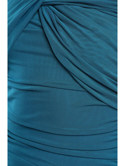 Lulus Alluring Nights Teal Blue Ruched Off-the-Shoulder Homecoming Bodycon Dress