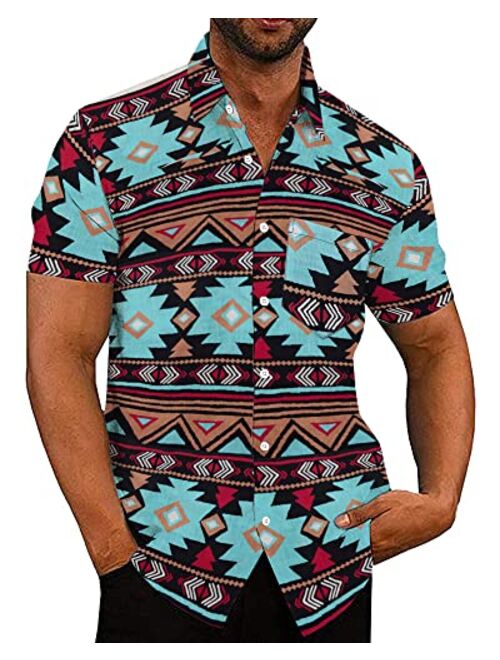 Beotyshow Mens Aztec Button Down Shirt Linen Short Sleeve Casual Summer Beach Hawaiian Shirts with Pocket