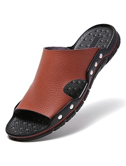 JINDELI Men's Summer Leather Slide Sandals Open Toe Beach Slippers Shoes