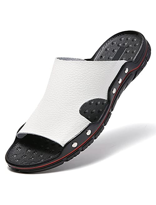 JINDELI Men's Summer Leather Slide Sandals Open Toe Beach Slippers Shoes