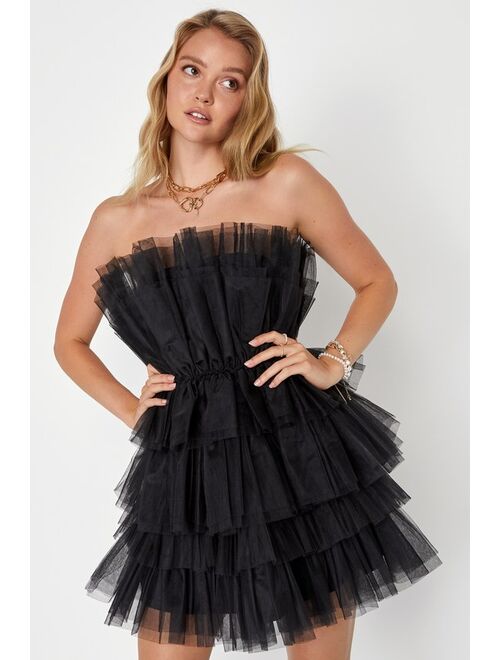 Lulus Tulle Intentions Black Strapless Tiered Tulle Homecoming Mini Dress