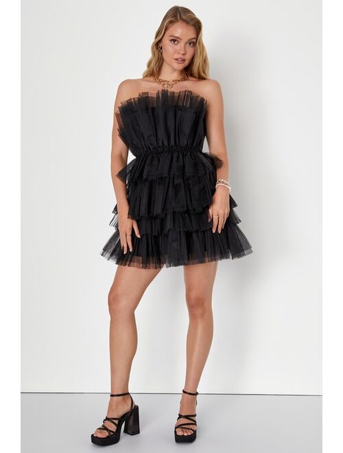 Lulus Tulle Intentions Black Strapless Tiered Tulle Homecoming Mini Dress