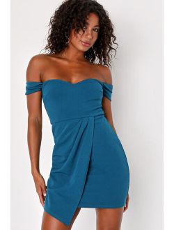 Gracious Glam Teal Blue Off-the-Shoulder Faux-Wrap Homecoming Mini Dress