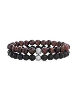 1913 Men's Red Tiger Eye & Glass Beads Stretch Bracelet Set