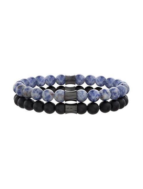 1913 Men's Sodalite Bead & Black Glass Bead Stretch Bracelet Set