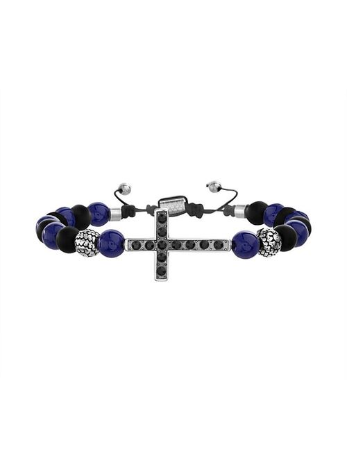 1913 Men's Synthetic Sodalite & Black Glass Bead Bracelet with Stainless Steel Cross