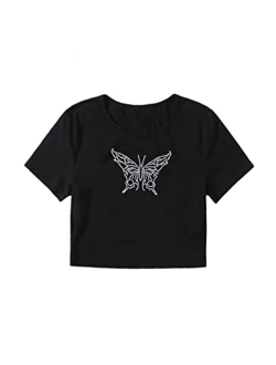 Girl's Tie Dye Butterfly Print Short Sleeve Lettuce Trim Tops T Shirt