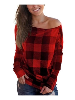 Cosonsen Women's Off Shoulder Top Long Sleeve Plaid Tee Shirt Blouse