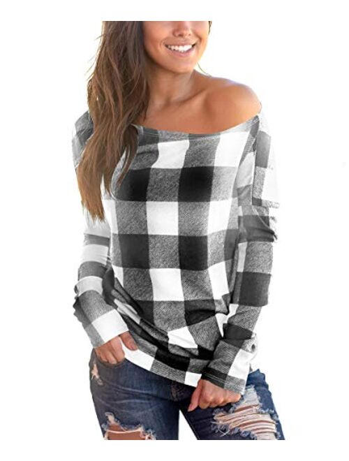 Cosonsen Women's Off Shoulder Top Long Sleeve Plaid Tee Shirt Blouse